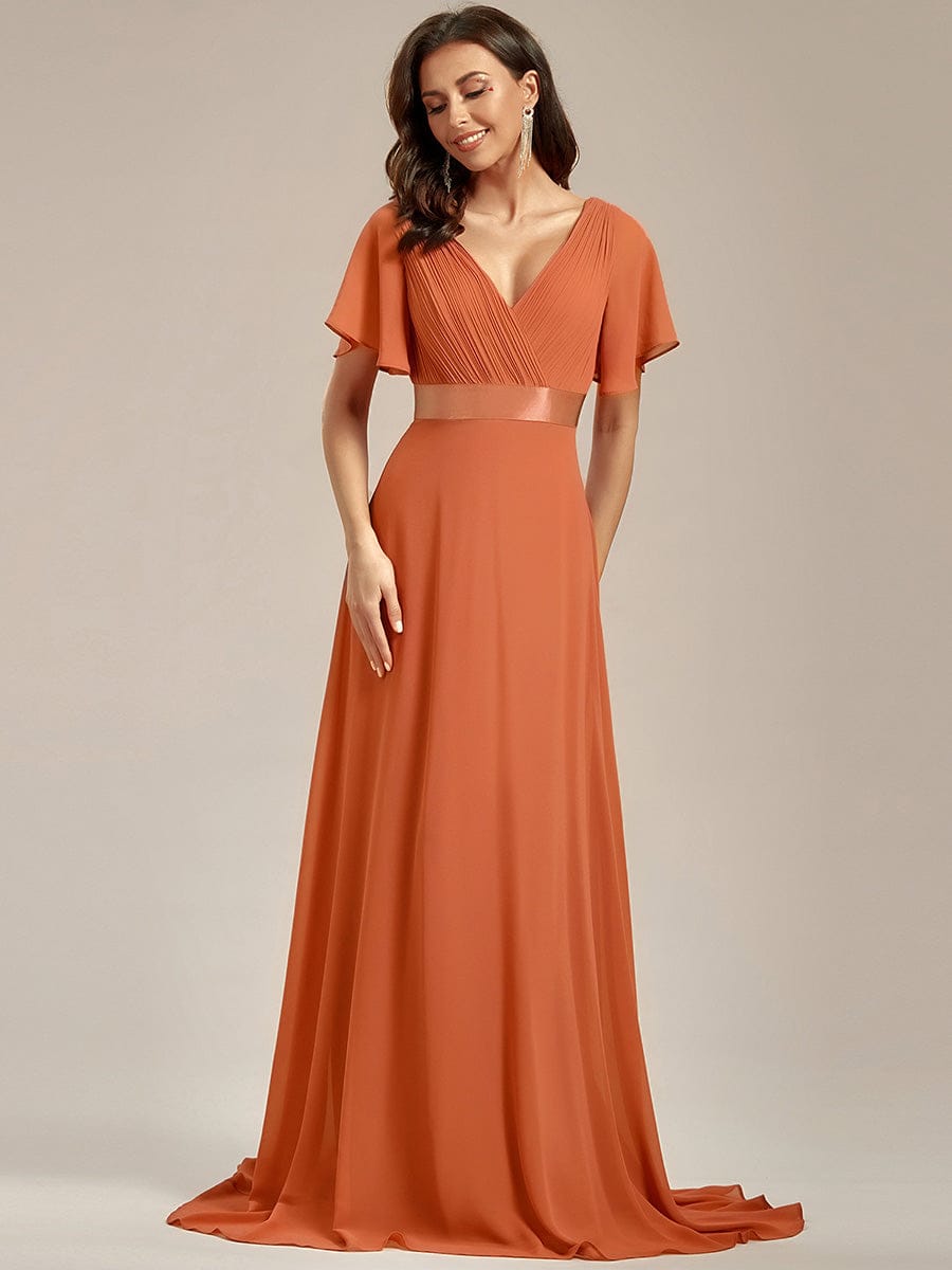 MONICA|Long Empire Waist Bridesmaid Dress with Short Flutter Sleeves