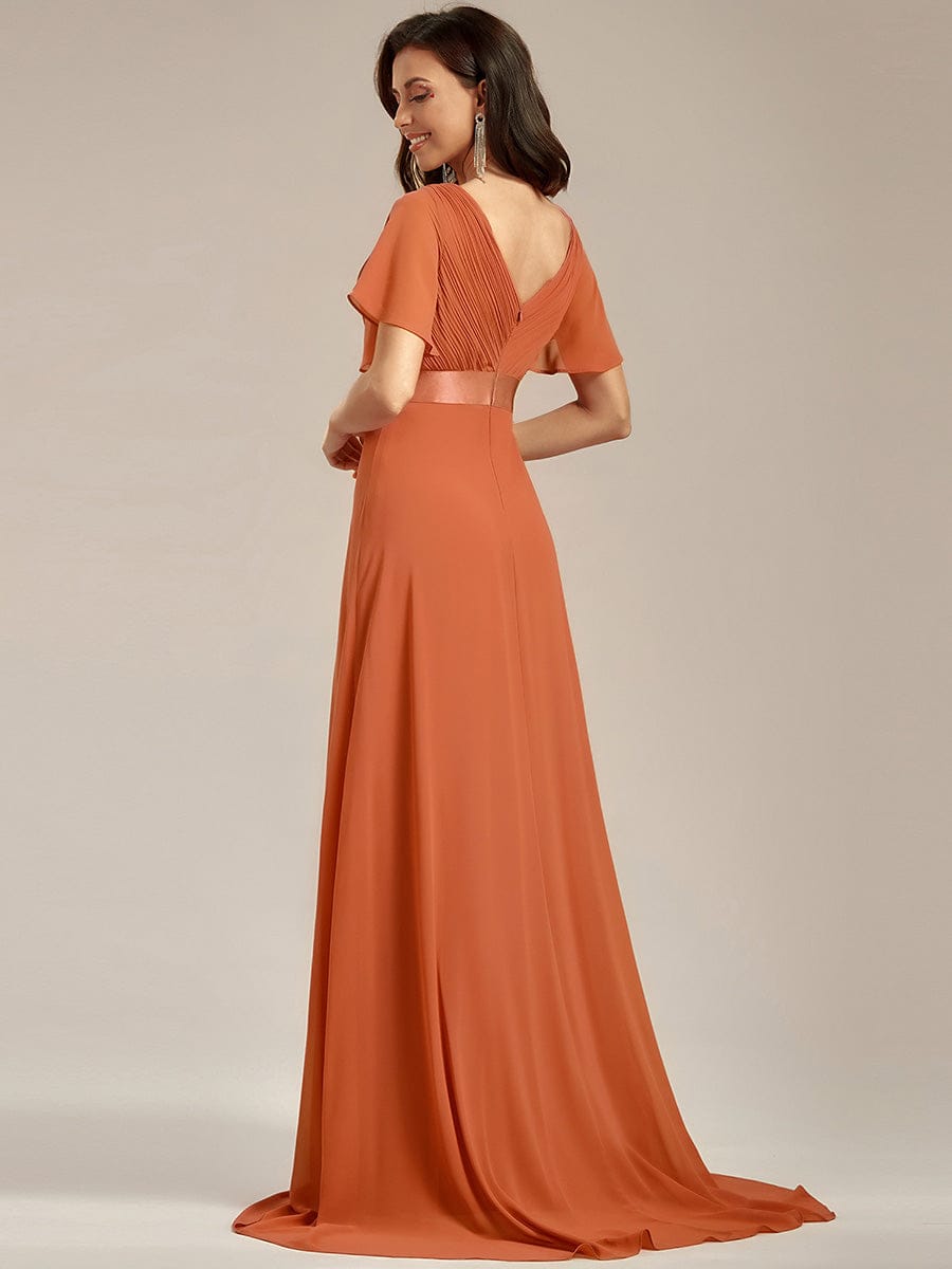 MONICA|Long Empire Waist Bridesmaid Dress with Short Flutter Sleeves