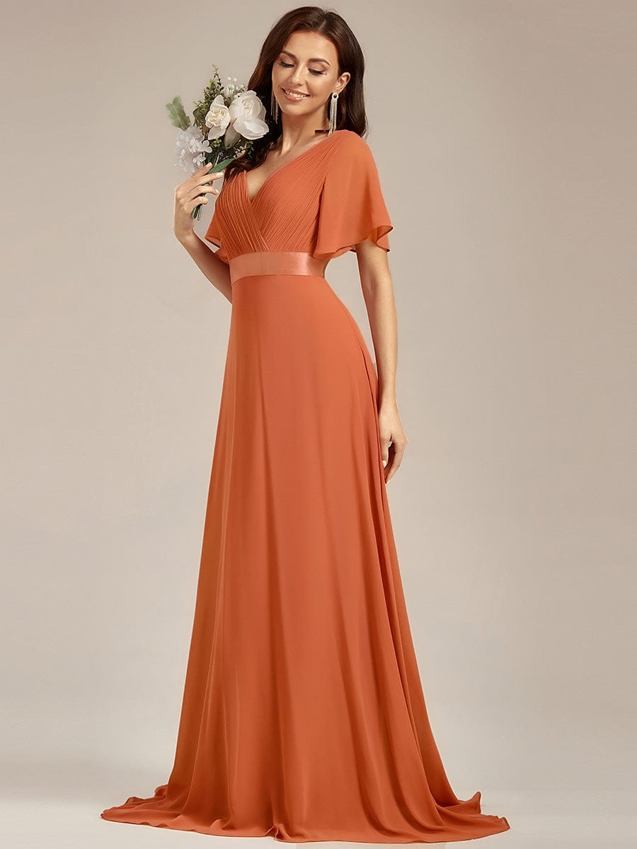 MONICA|Long Empire Waist Bridesmaid Dress with Short Flutter Sleeves