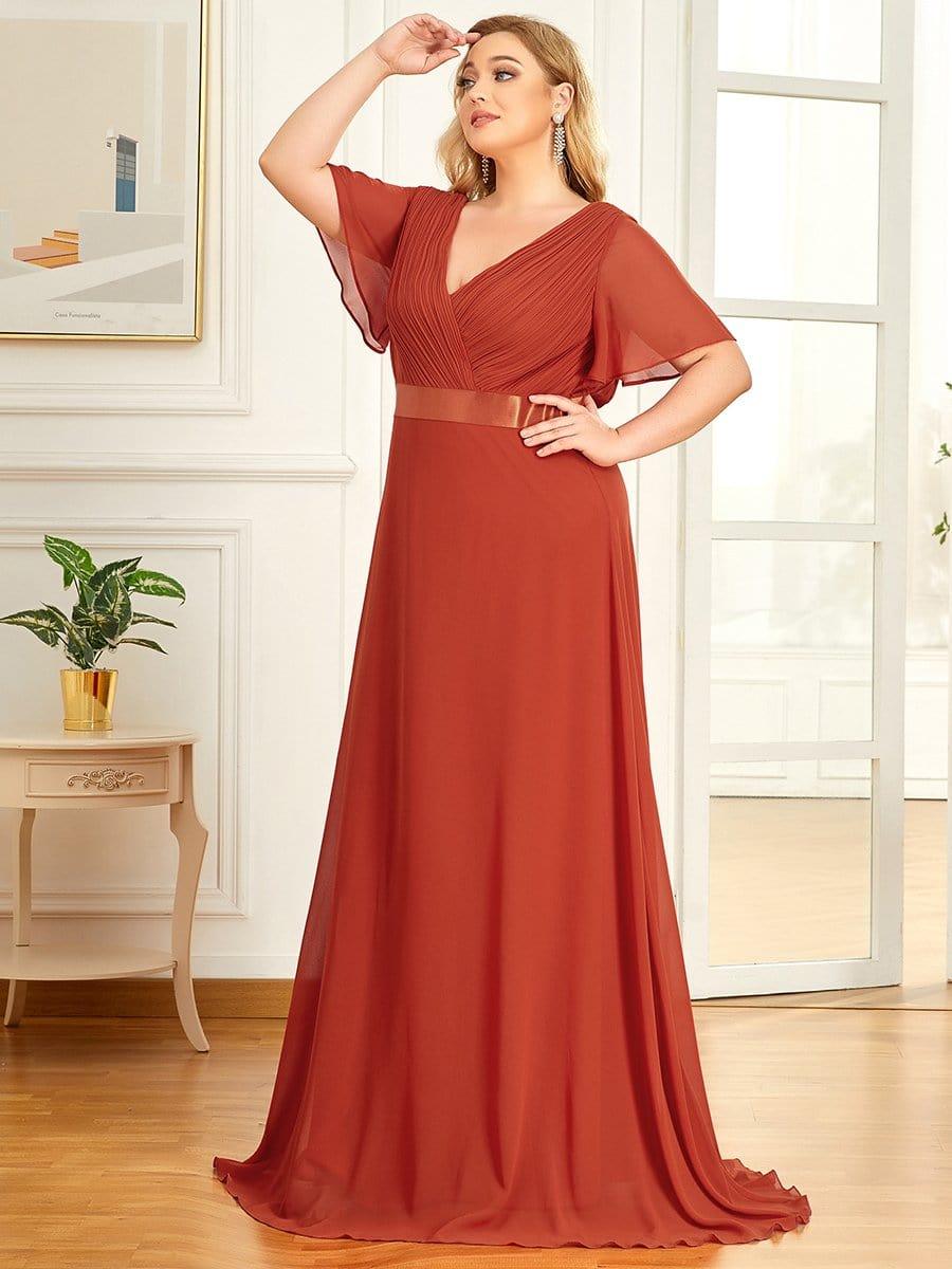 pretty MONICA|Plus Size Empire Waist V Back Bridesmaid Dress with Short Sleeves