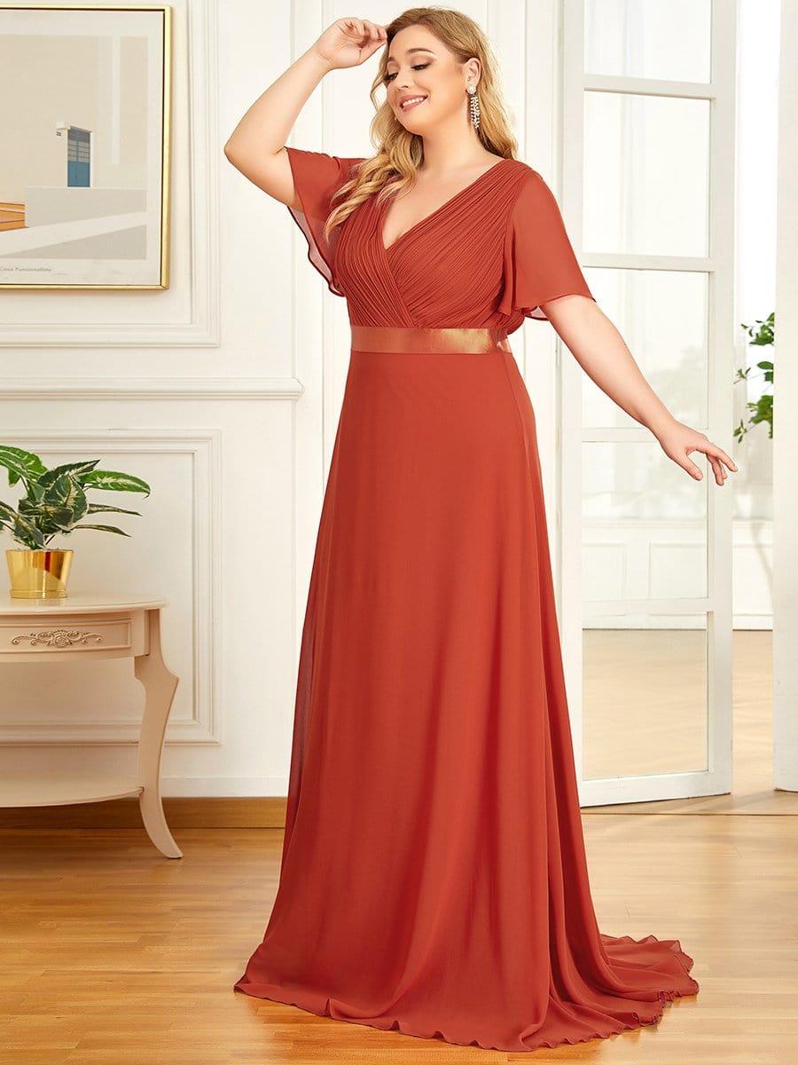 pretty MONICA|Plus Size Empire Waist V Back Bridesmaid Dress with Short Sleeves