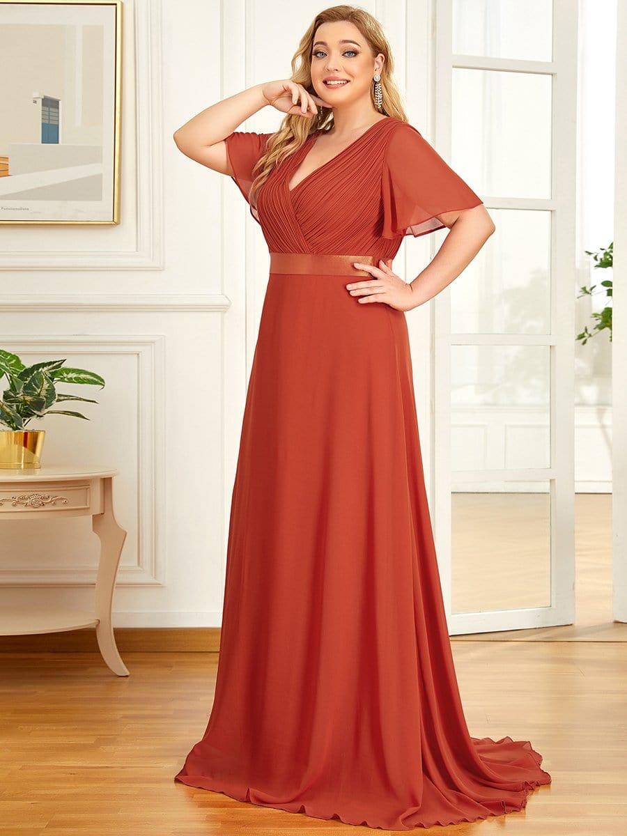 pretty MONICA|Plus Size Empire Waist V Back Bridesmaid Dress with Short Sleeves