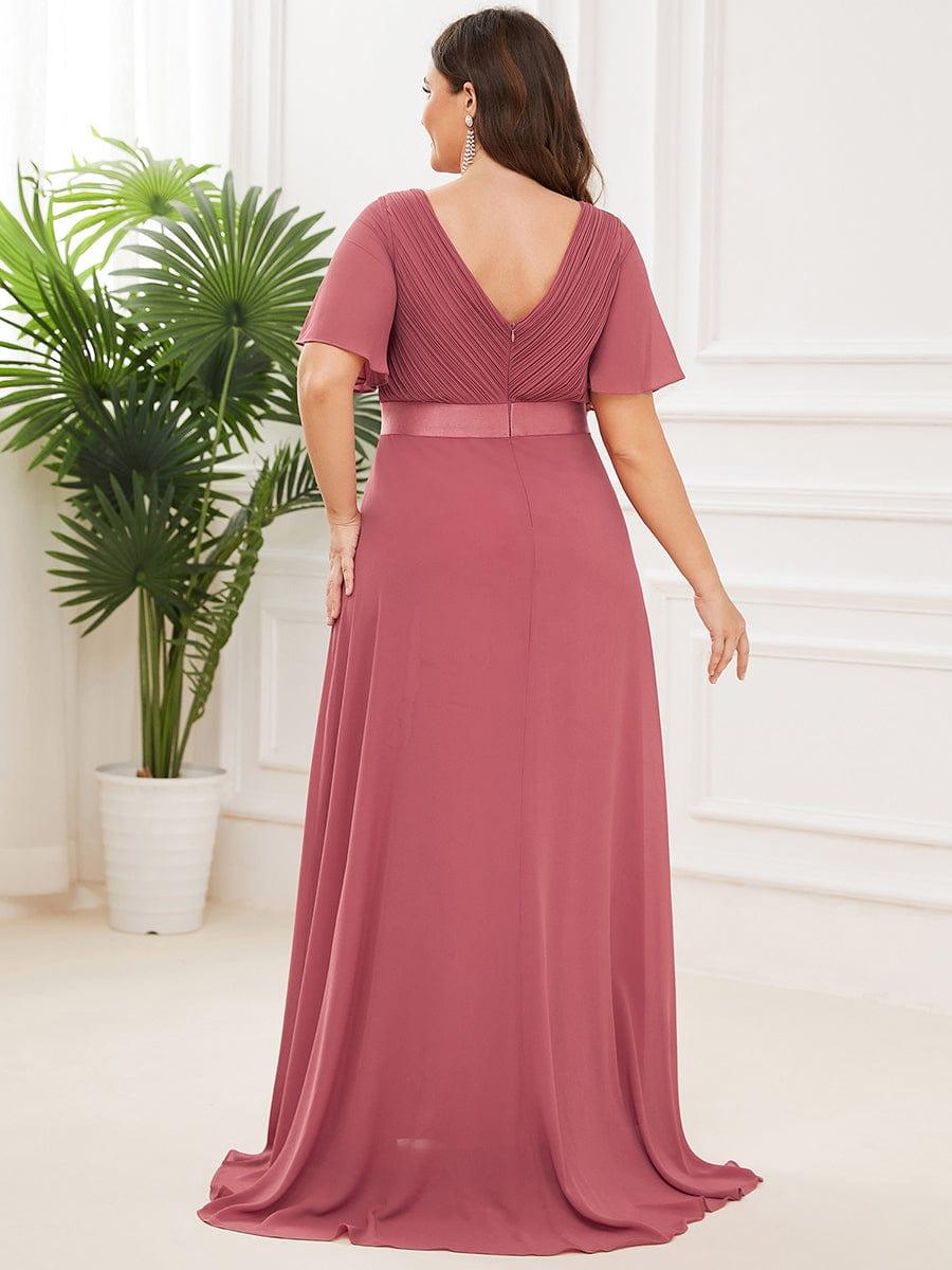 pretty MONICA|Plus Size Empire Waist V Back Bridesmaid Dress with Short Sleeves