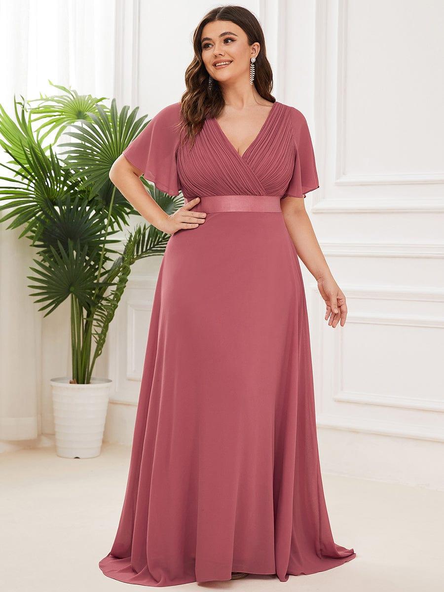 pretty MONICA|Plus Size Empire Waist V Back Bridesmaid Dress with Short Sleeves