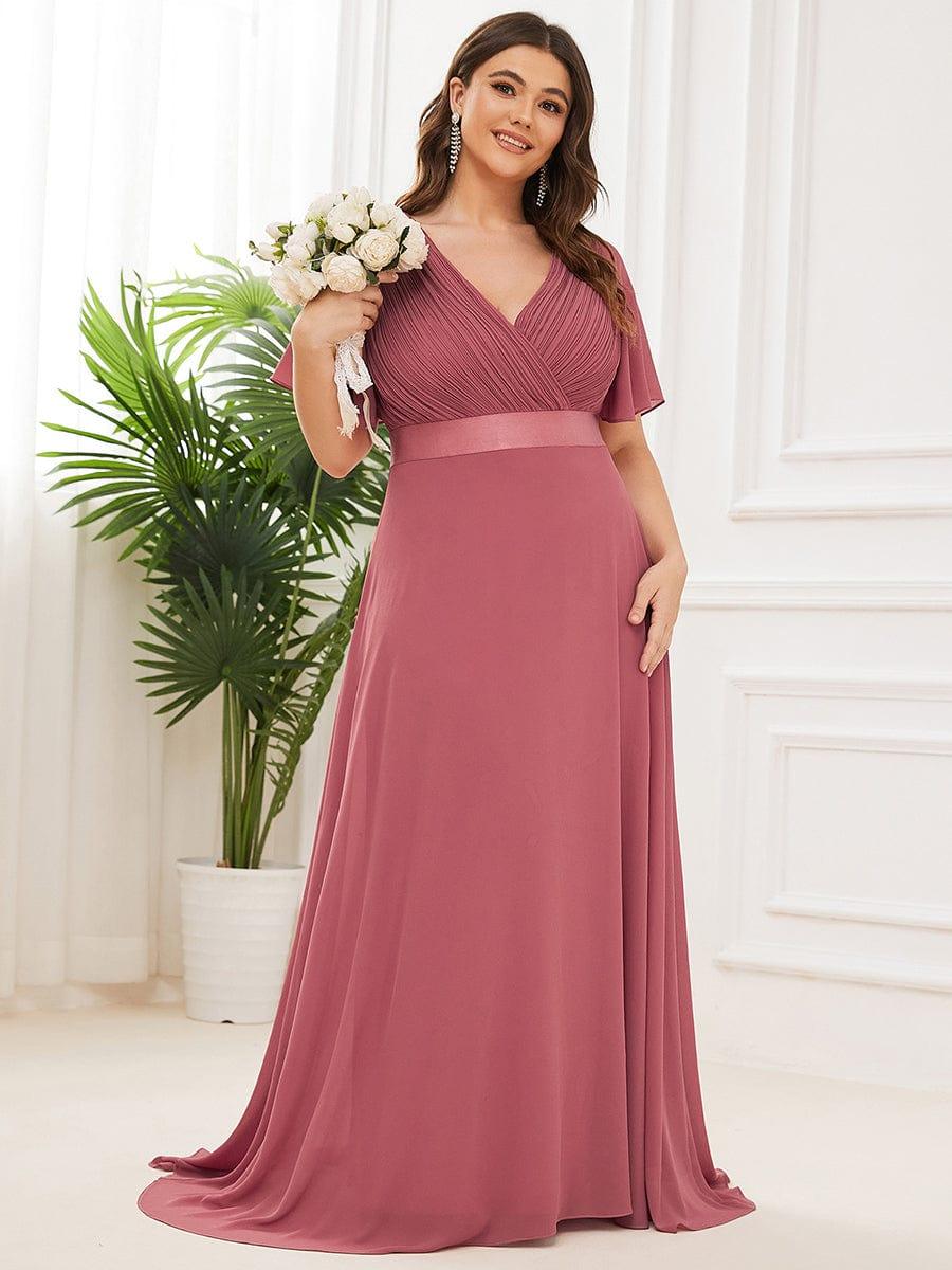 pretty MONICA|Plus Size Empire Waist V Back Bridesmaid Dress with Short Sleeves
