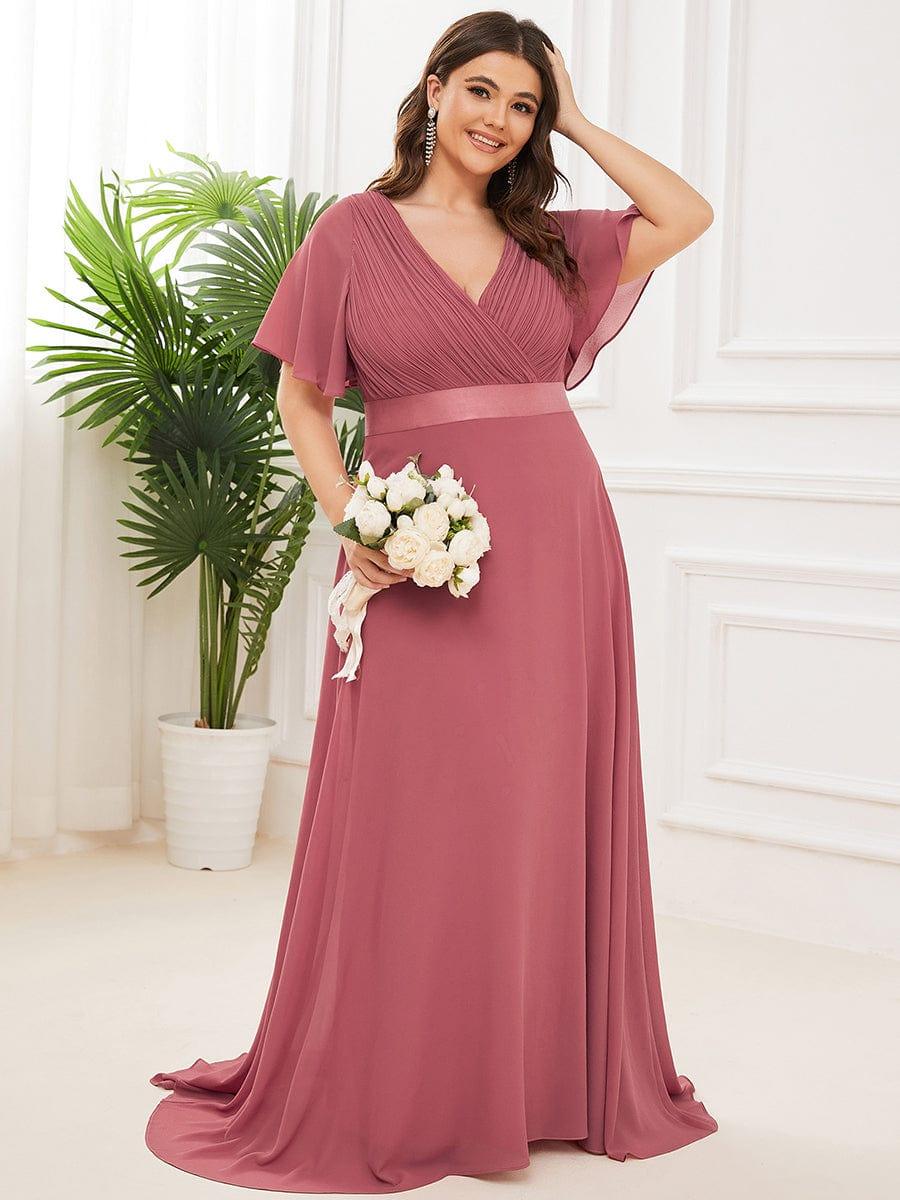 pretty MONICA|Plus Size Empire Waist V Back Bridesmaid Dress with Short Sleeves