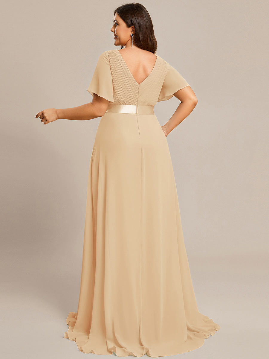 pretty MONICA|Plus Size Empire Waist V Back Bridesmaid Dress with Short Sleeves