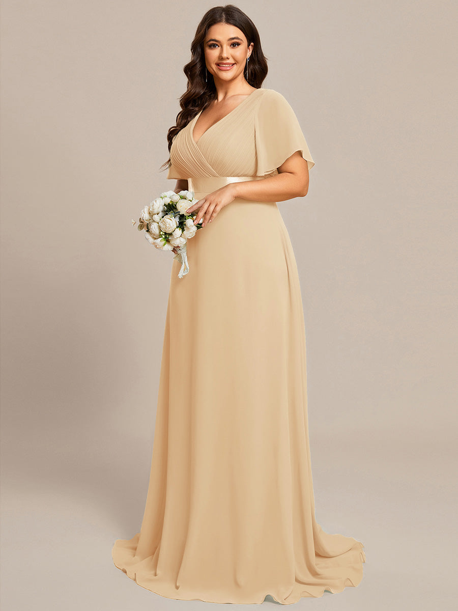 pretty MONICA|Plus Size Empire Waist V Back Bridesmaid Dress with Short Sleeves