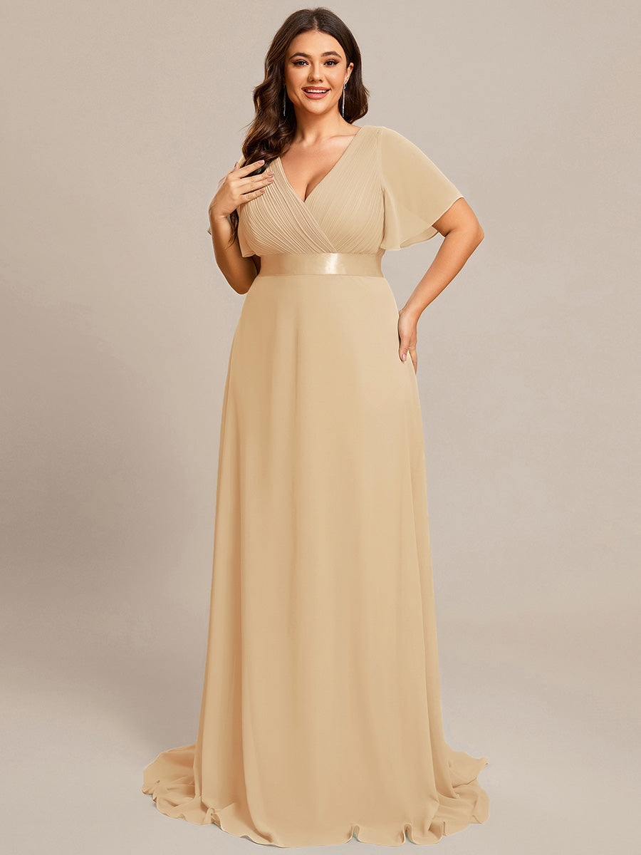 pretty MONICA|Plus Size Empire Waist V Back Bridesmaid Dress with Short Sleeves