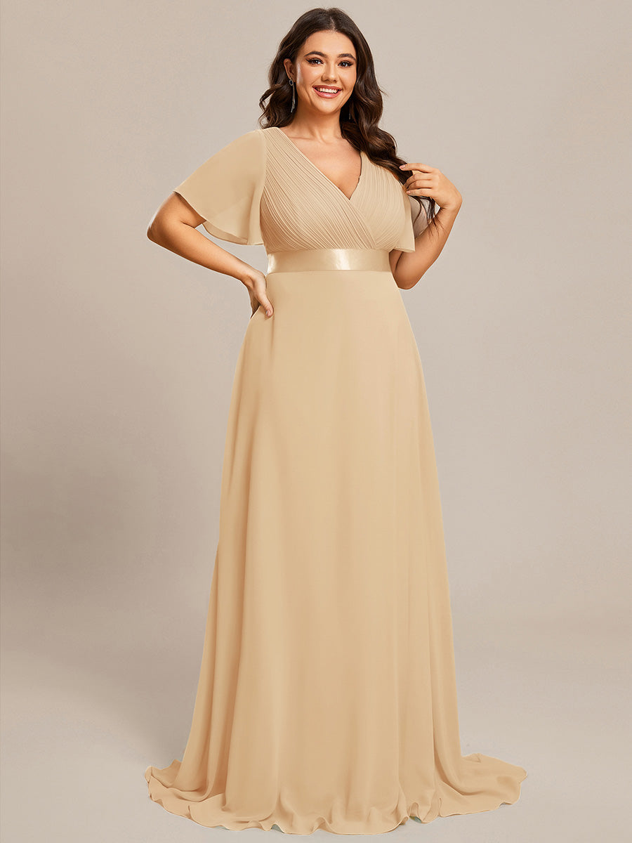 pretty MONICA|Plus Size Empire Waist V Back Bridesmaid Dress with Short Sleeves