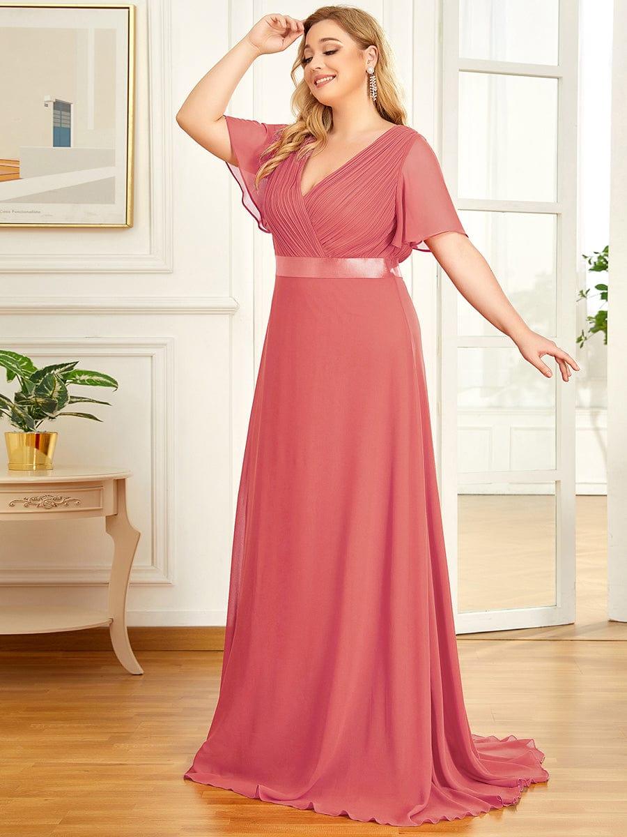 pretty MONICA|Plus Size Empire Waist V Back Bridesmaid Dress with Short Sleeves