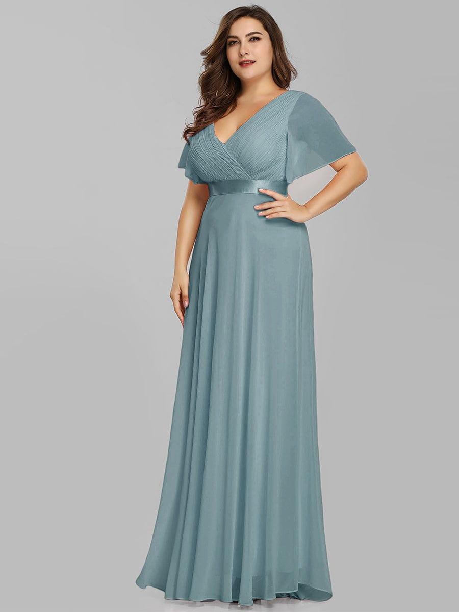 pretty MONICA|Plus Size Empire Waist V Back Bridesmaid Dress with Short Sleeves