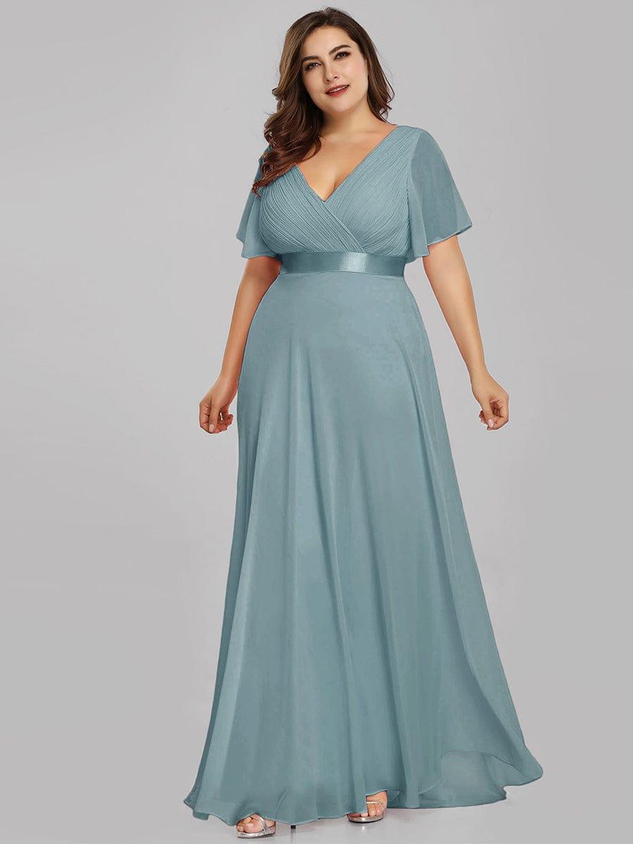 pretty MONICA|Plus Size Empire Waist V Back Bridesmaid Dress with Short Sleeves