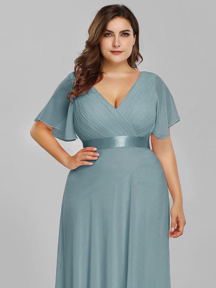 pretty MONICA|Plus Size Empire Waist V Back Bridesmaid Dress with Short Sleeves