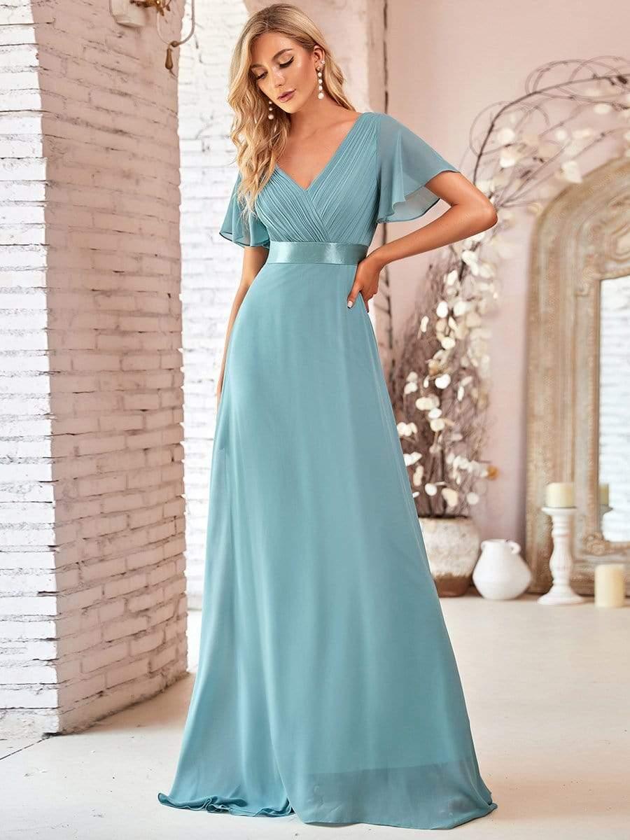 MONICA|Long Empire Waist Bridesmaid Dress with Short Flutter Sleeves