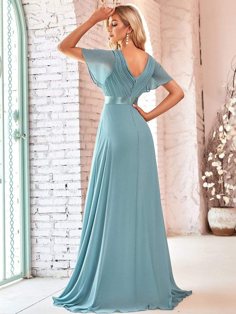 MONICA|Long Empire Waist Bridesmaid Dress with Short Flutter Sleeves