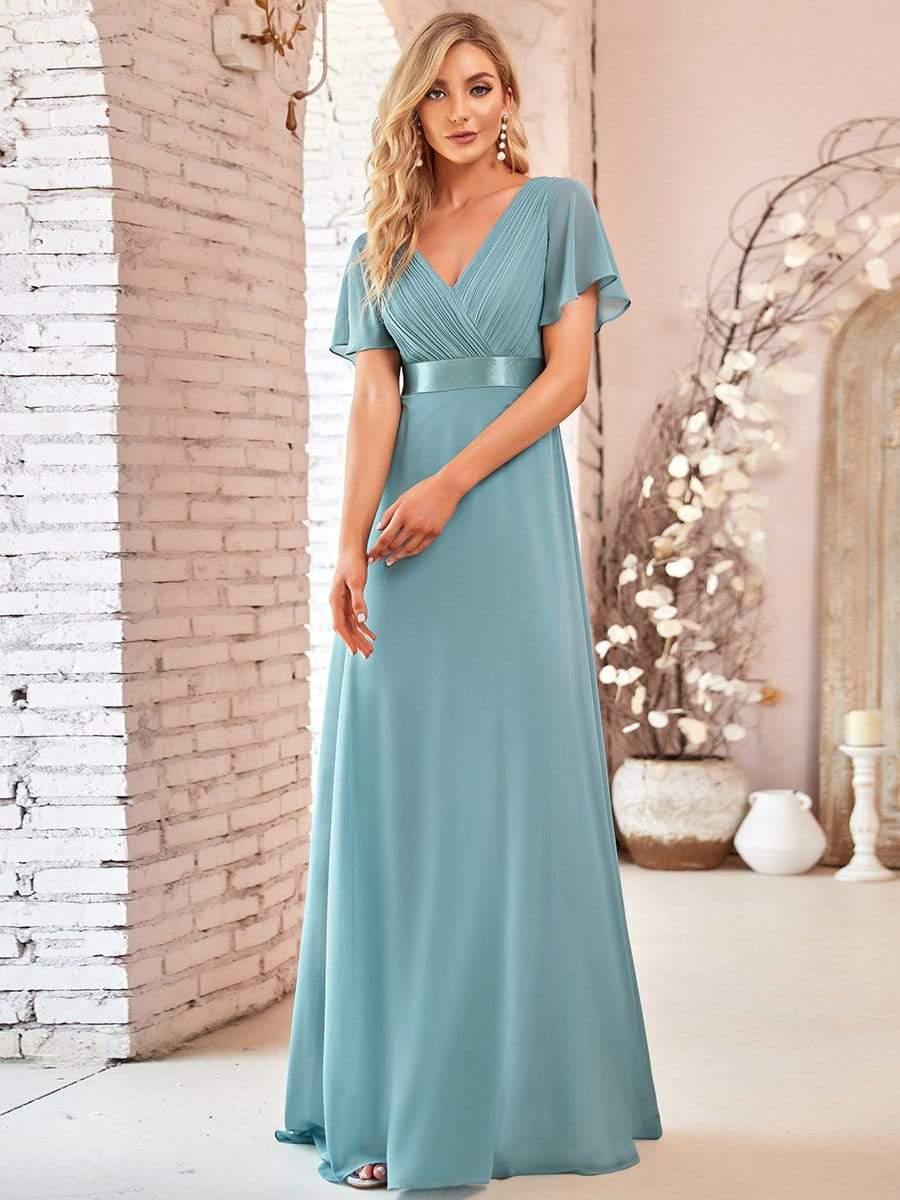 MONICA|Long Empire Waist Bridesmaid Dress with Short Flutter Sleeves