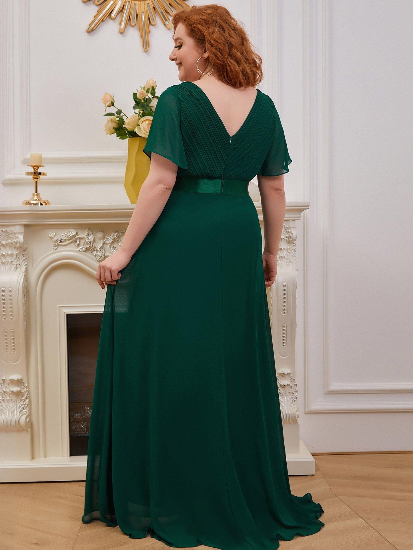 pretty MONICA|Plus Size Empire Waist V Back Bridesmaid Dress with Short Sleeves