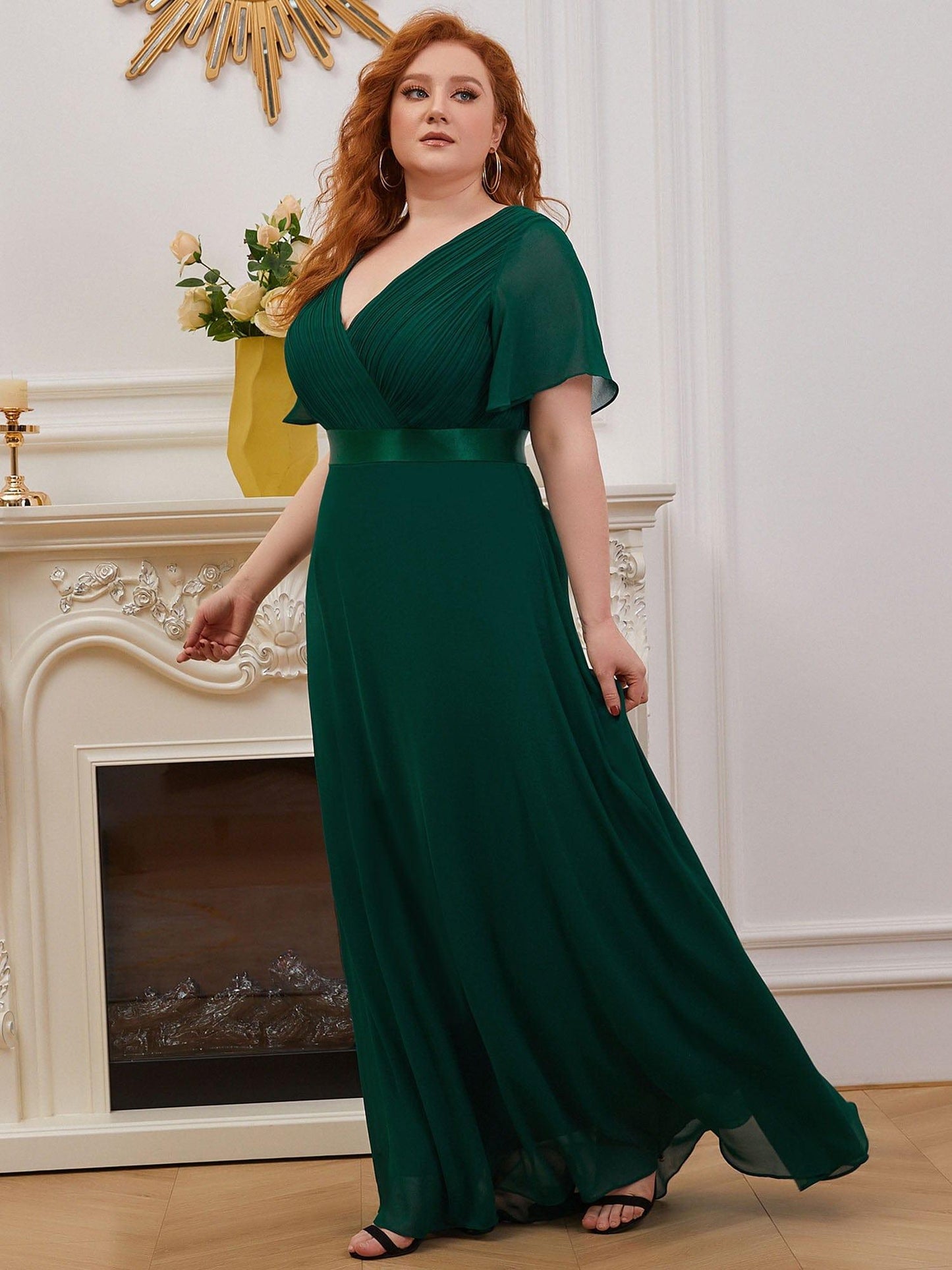pretty MONICA|Plus Size Empire Waist V Back Bridesmaid Dress with Short Sleeves