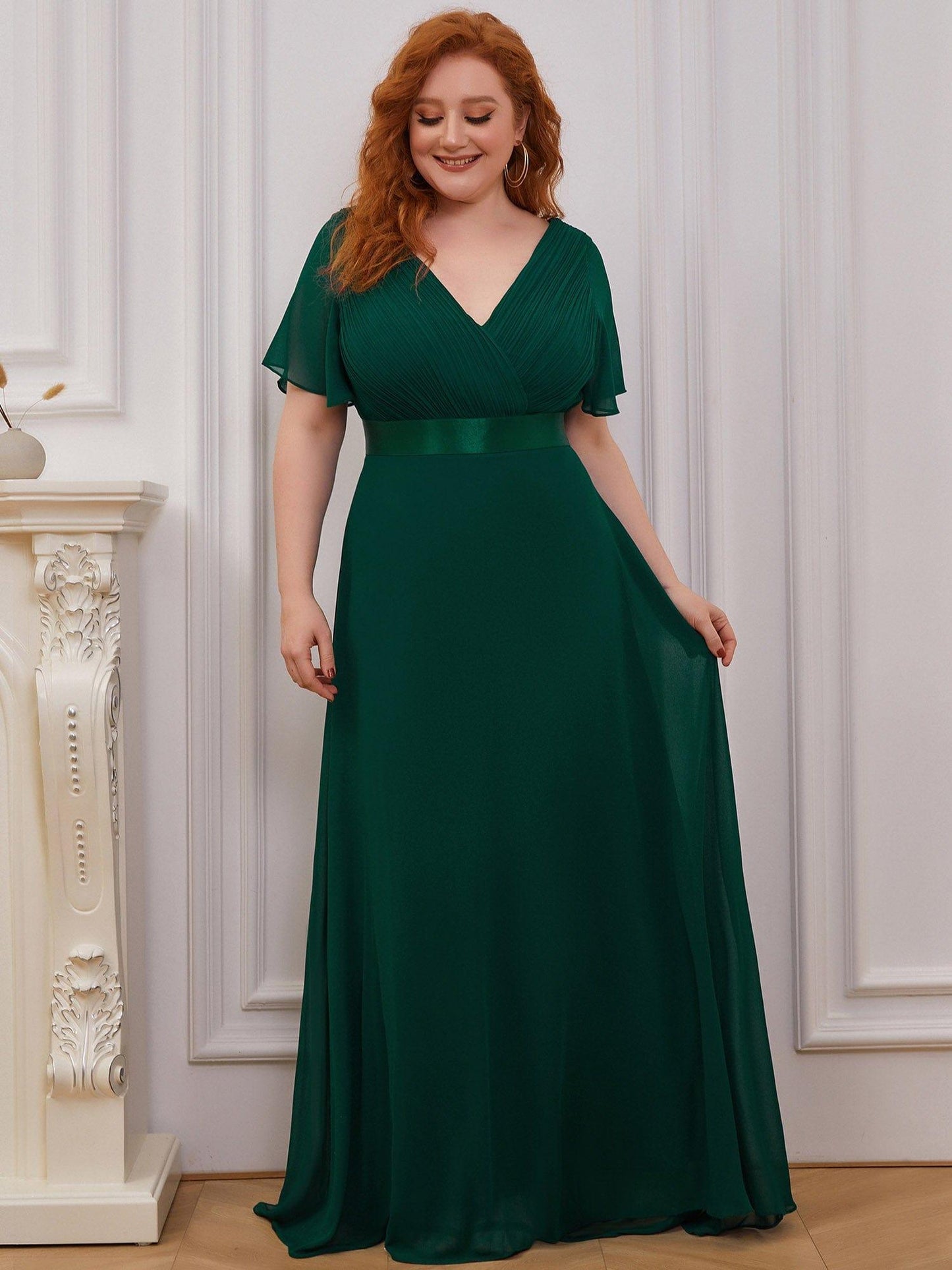 pretty MONICA|Plus Size Empire Waist V Back Bridesmaid Dress with Short Sleeves