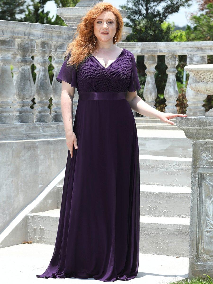 pretty MONICA|Plus Size Empire Waist V Back Bridesmaid Dress with Short Sleeves