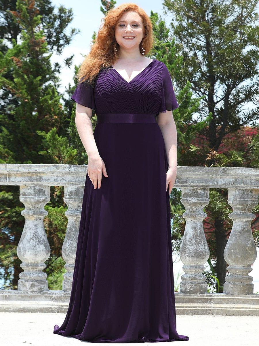 pretty MONICA|Plus Size Empire Waist V Back Bridesmaid Dress with Short Sleeves