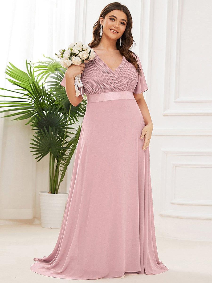pretty MONICA|Plus Size Empire Waist V Back Bridesmaid Dress with Short Sleeves