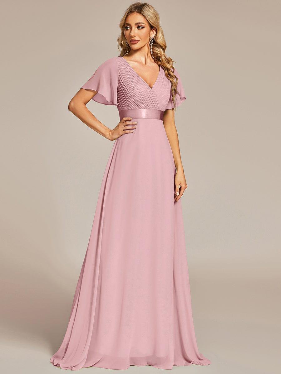 MONICA|Long Empire Waist Bridesmaid Dress with Short Flutter Sleeves