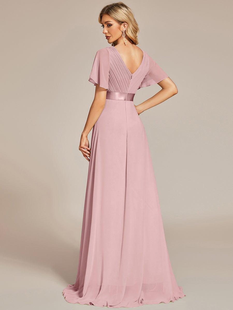 MONICA|Long Empire Waist Bridesmaid Dress with Short Flutter Sleeves