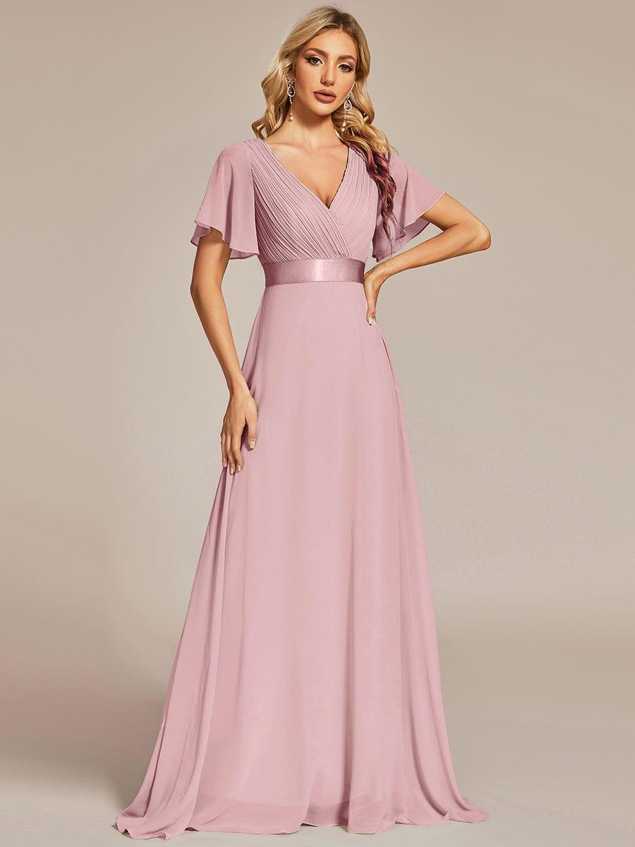 MONICA|Long Empire Waist Bridesmaid Dress with Short Flutter Sleeves
