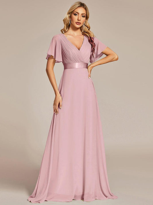 MONICA|Long Empire Waist Bridesmaid Dress with Short Flutter Sleeves