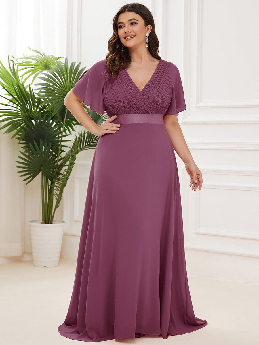 MONICA|Long Empire Waist Bridesmaid Dress with Short Flutter Sleeves
