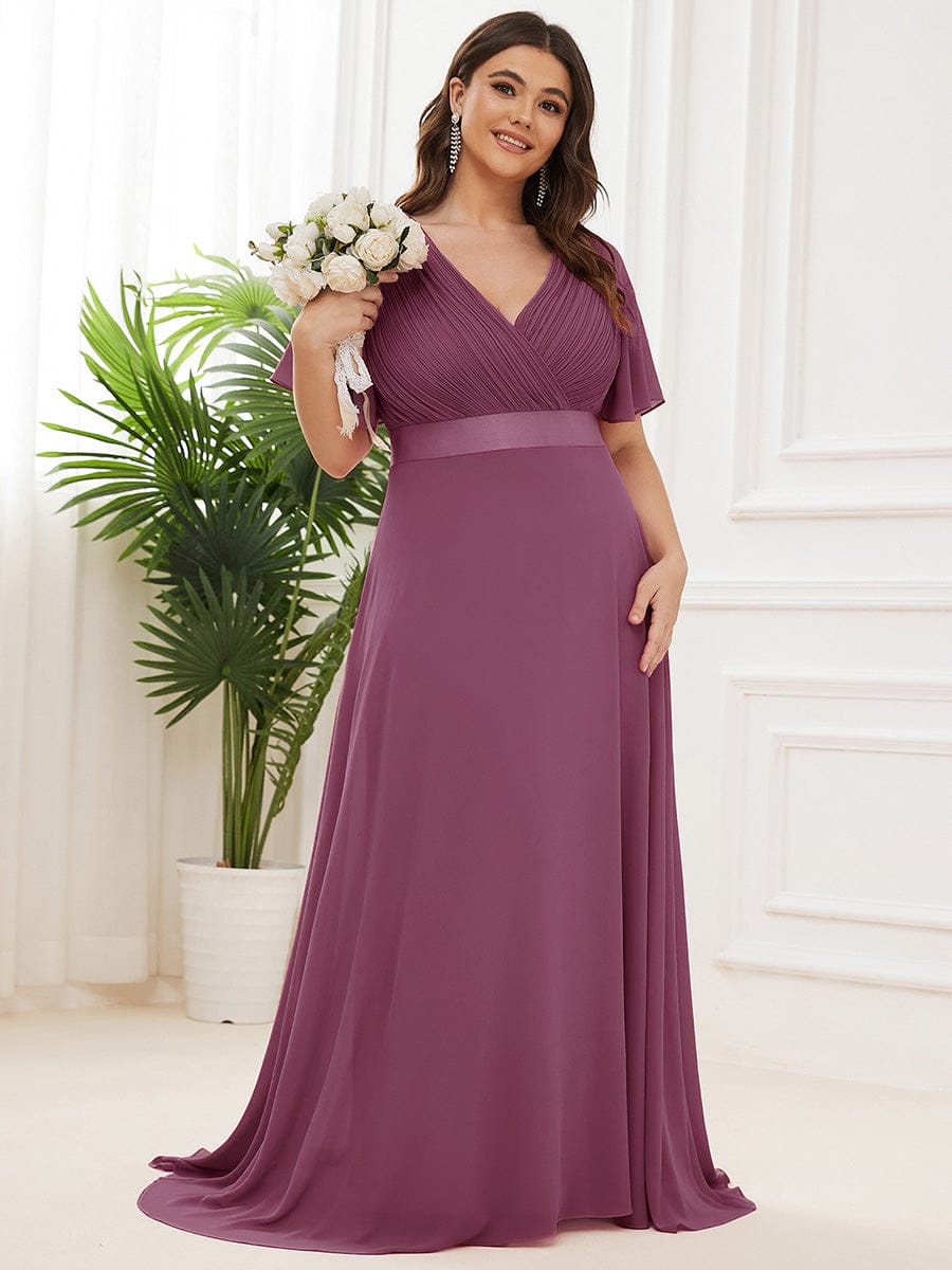 pretty MONICA|Plus Size Empire Waist V Back Bridesmaid Dress with Short Sleeves