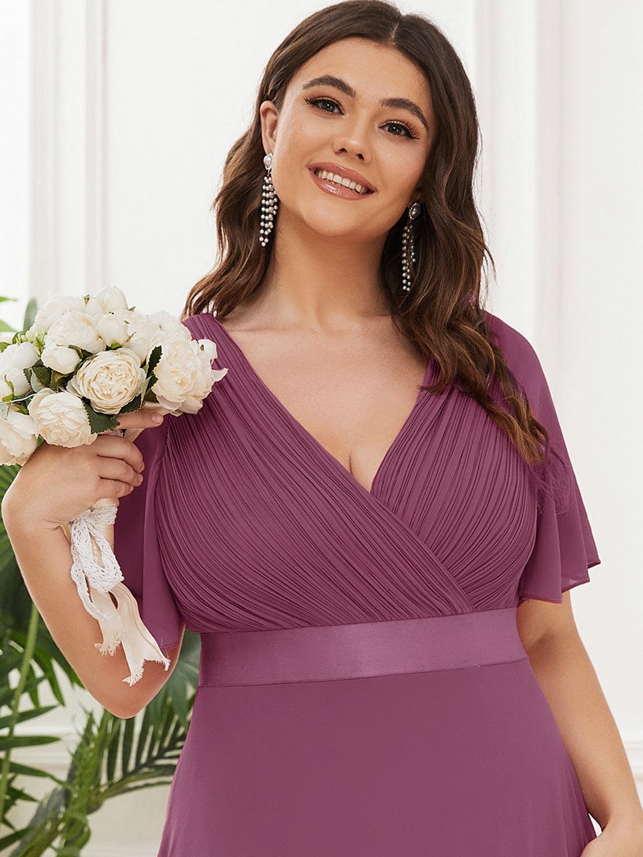 pretty MONICA|Plus Size Empire Waist V Back Bridesmaid Dress with Short Sleeves