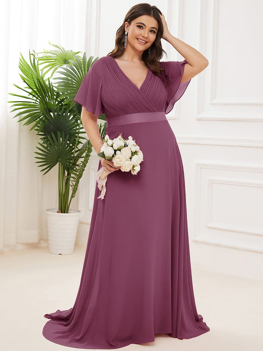 MONICA|Long Empire Waist Bridesmaid Dress with Short Flutter Sleeves