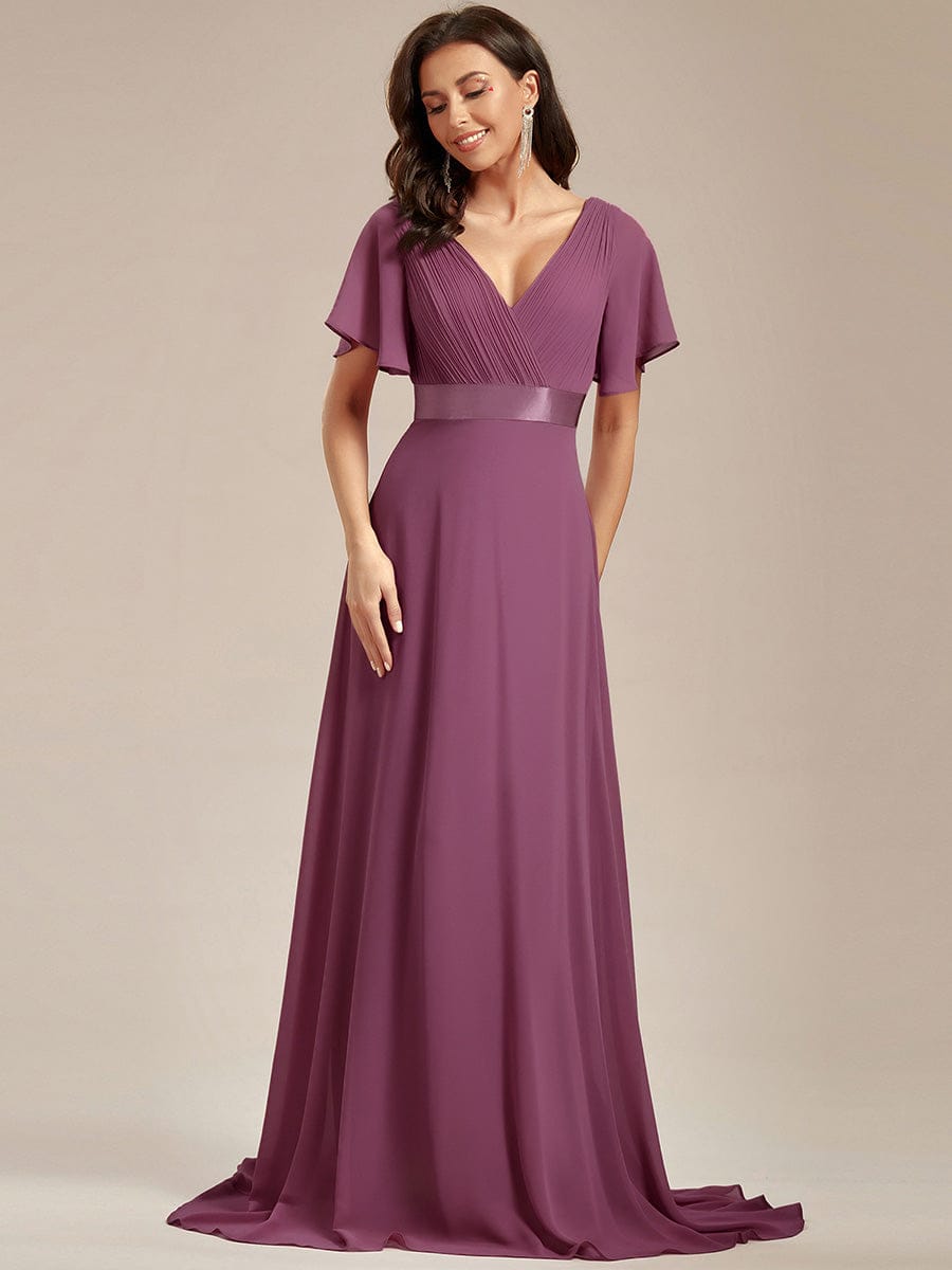 MONICA|Long Empire Waist Bridesmaid Dress with Short Flutter Sleeves