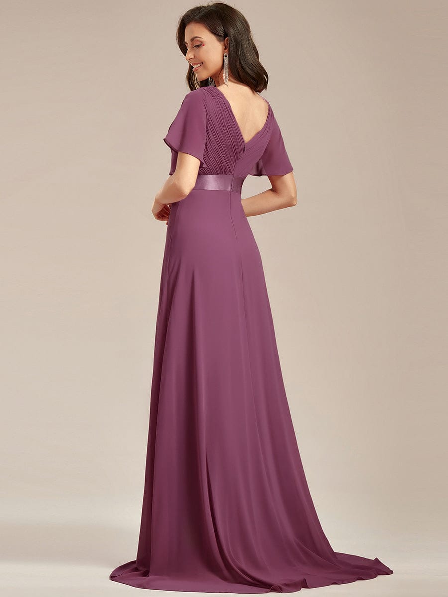 MONICA|Long Empire Waist Bridesmaid Dress with Short Flutter Sleeves