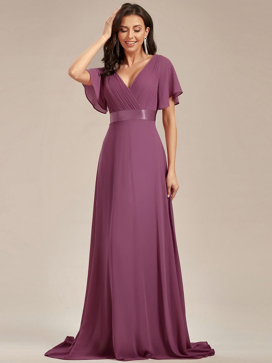 MONICA|Long Empire Waist Bridesmaid Dress with Short Flutter Sleeves