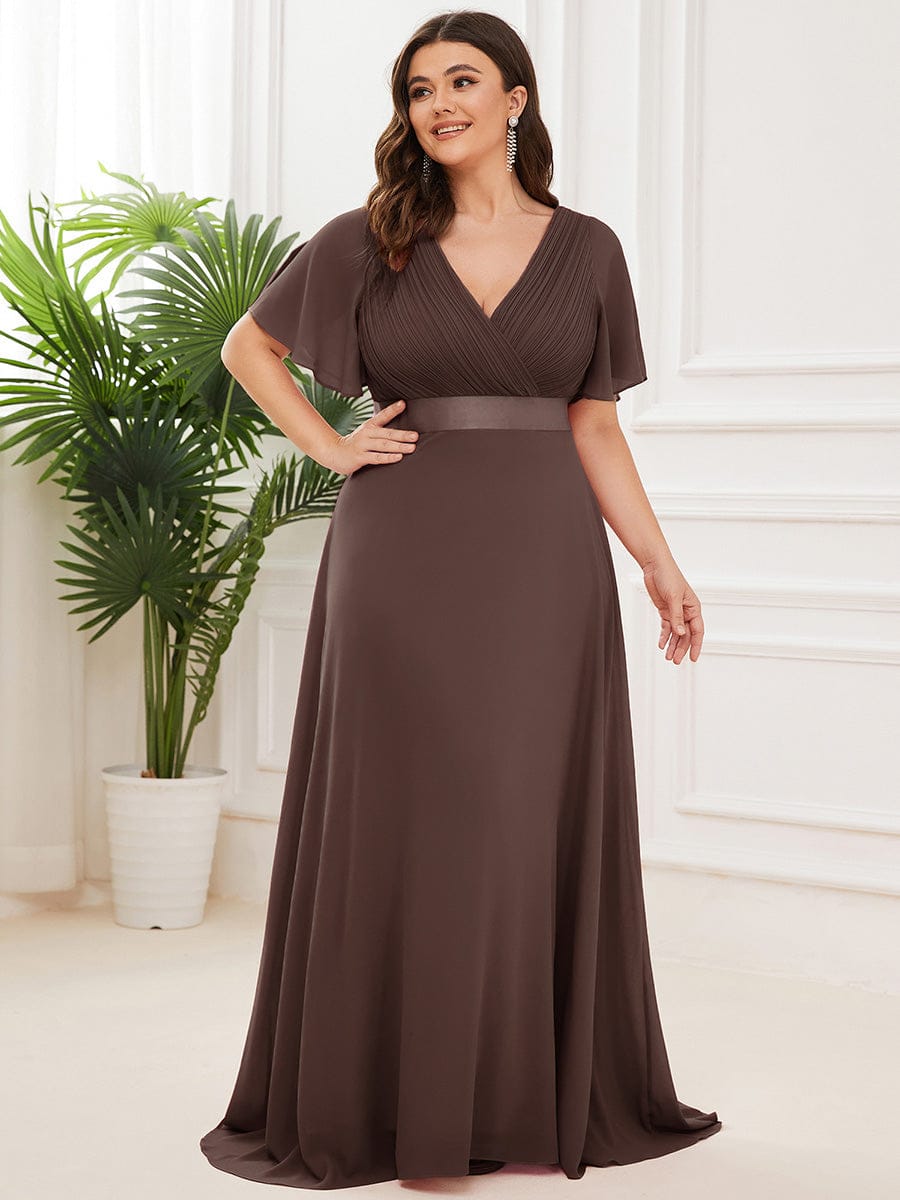 pretty MONICA|Plus Size Empire Waist V Back Bridesmaid Dress with Short Sleeves