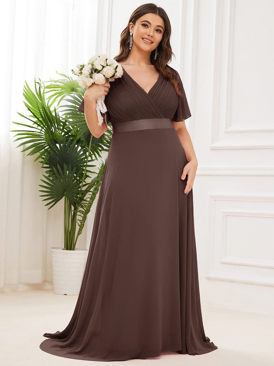 pretty MONICA|Plus Size Empire Waist V Back Bridesmaid Dress with Short Sleeves