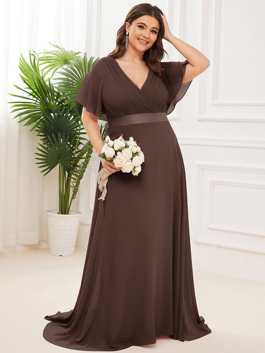 MONICA|Long Empire Waist Bridesmaid Dress with Short Flutter Sleeves