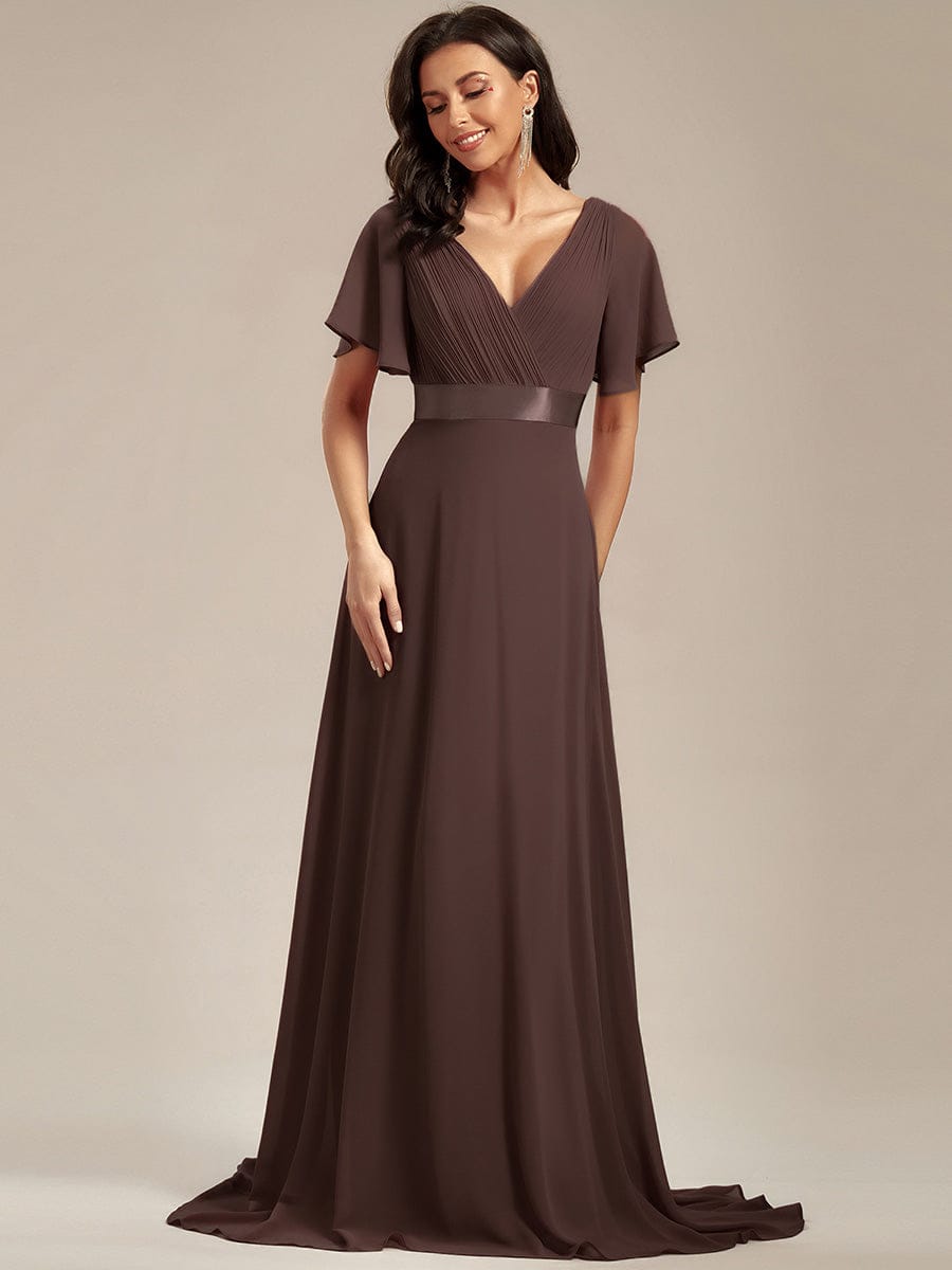 MONICA|Long Empire Waist Bridesmaid Dress with Short Flutter Sleeves