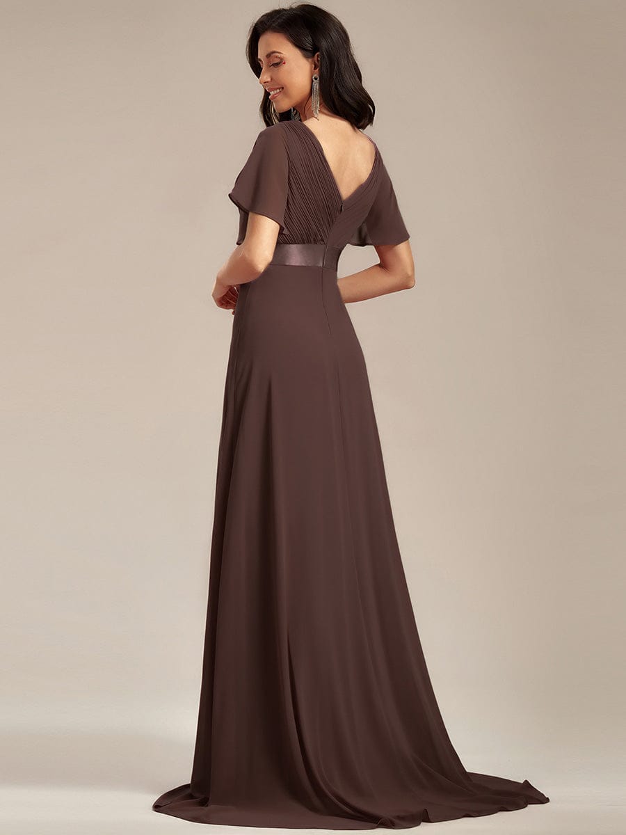 MONICA|Long Empire Waist Bridesmaid Dress with Short Flutter Sleeves