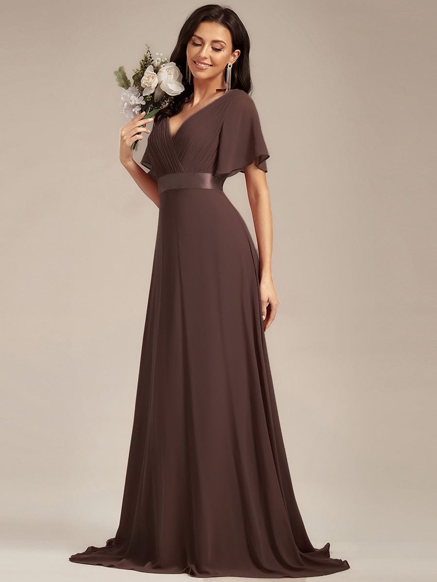 MONICA|Long Empire Waist Bridesmaid Dress with Short Flutter Sleeves