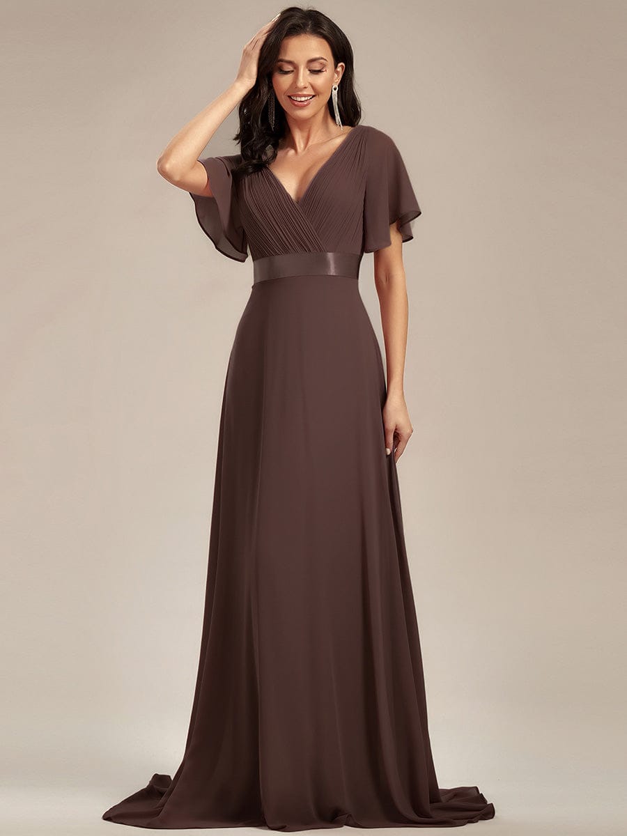 MONICA|Long Empire Waist Bridesmaid Dress with Short Flutter Sleeves