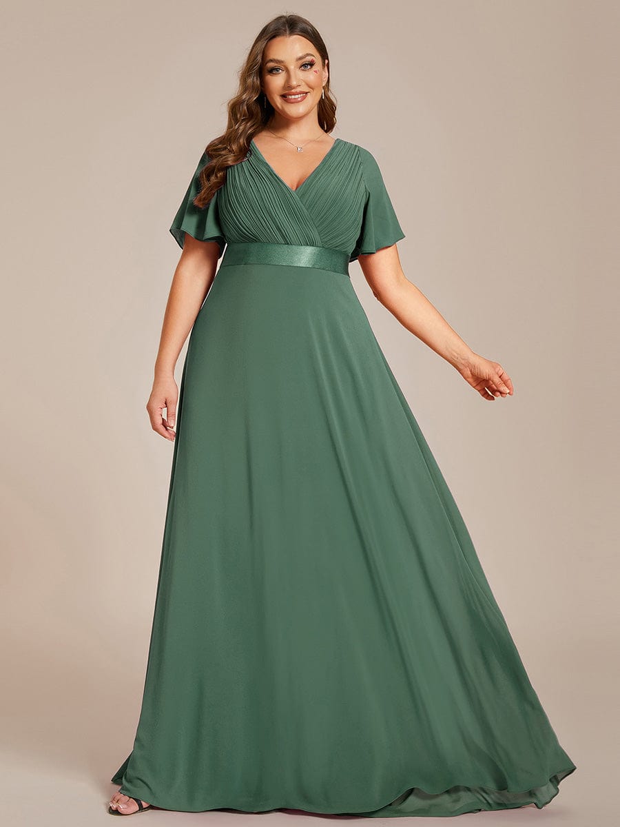pretty MONICA|Plus Size Empire Waist V Back Bridesmaid Dress with Short Sleeves