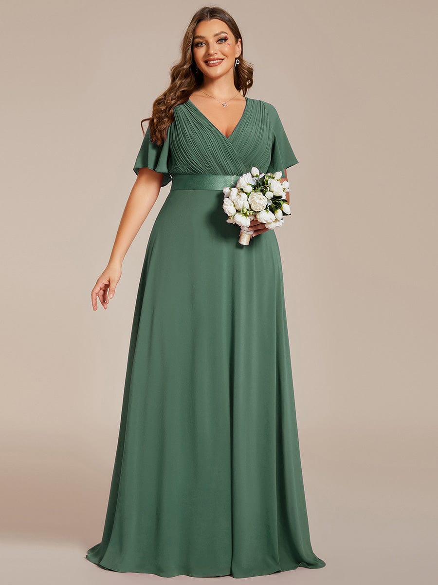 pretty MONICA|Plus Size Empire Waist V Back Bridesmaid Dress with Short Sleeves
