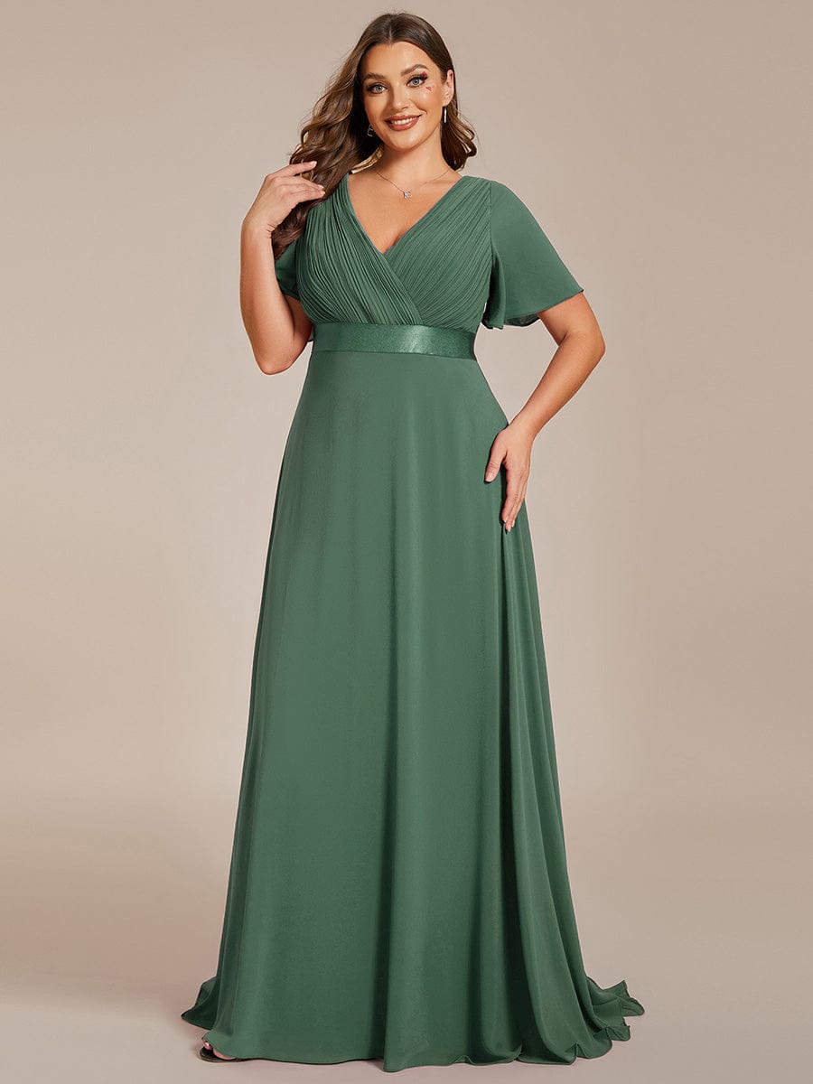 pretty MONICA|Plus Size Empire Waist V Back Bridesmaid Dress with Short Sleeves