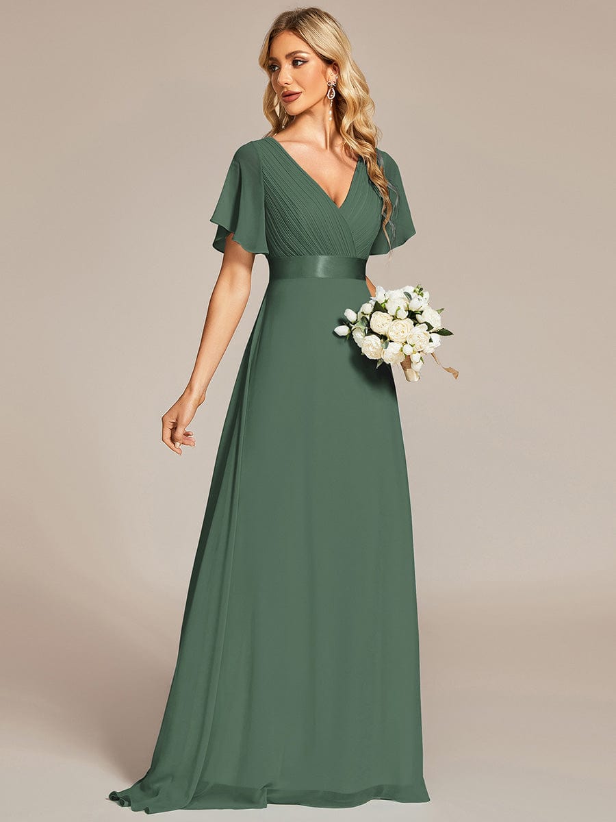MONICA|Long Empire Waist Bridesmaid Dress with Short Flutter Sleeves
