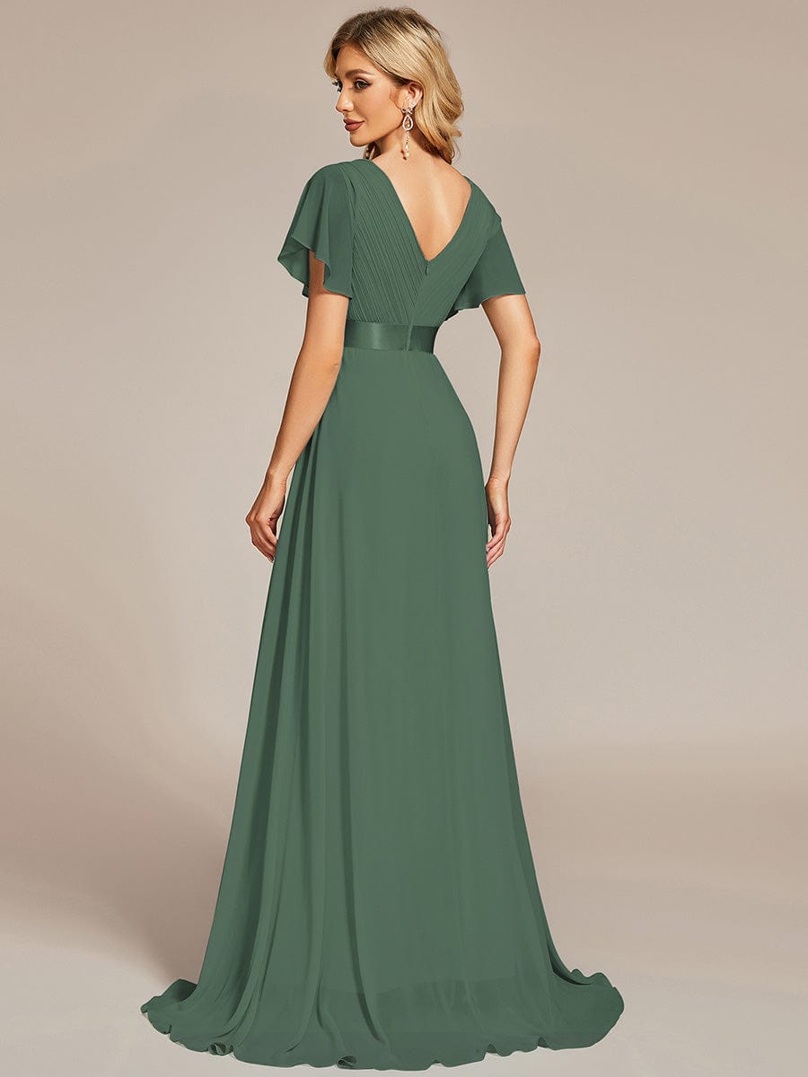 MONICA|Long Empire Waist Bridesmaid Dress with Short Flutter Sleeves